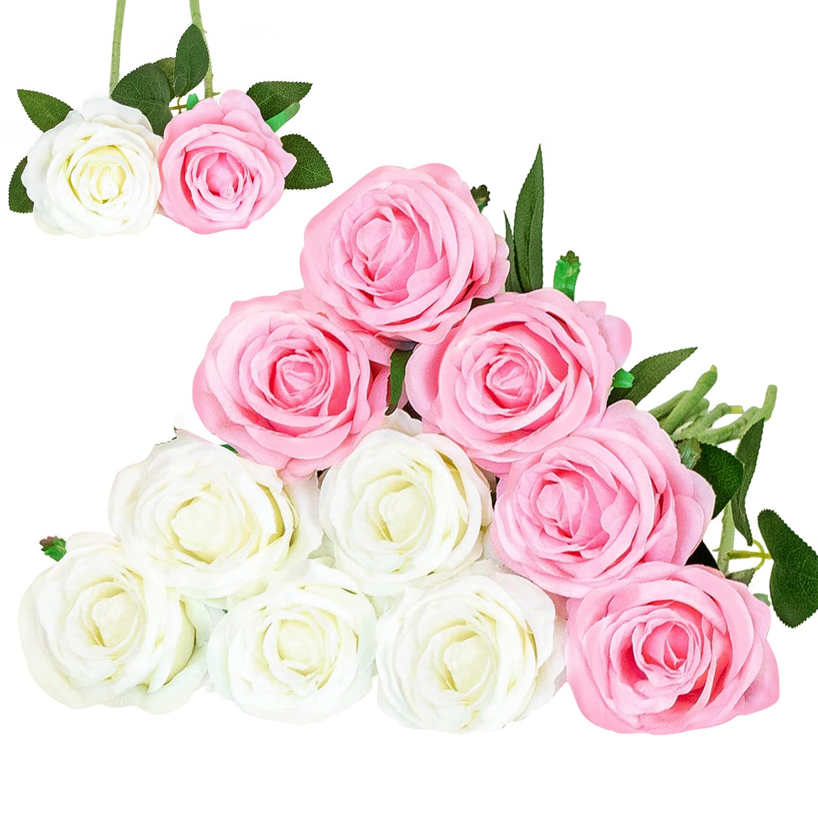 Floralsecret 12 Pcs Artificial Silk Rose Flower Bouquet Faux Flowers Home Wedding Party Decor(White,Pink)