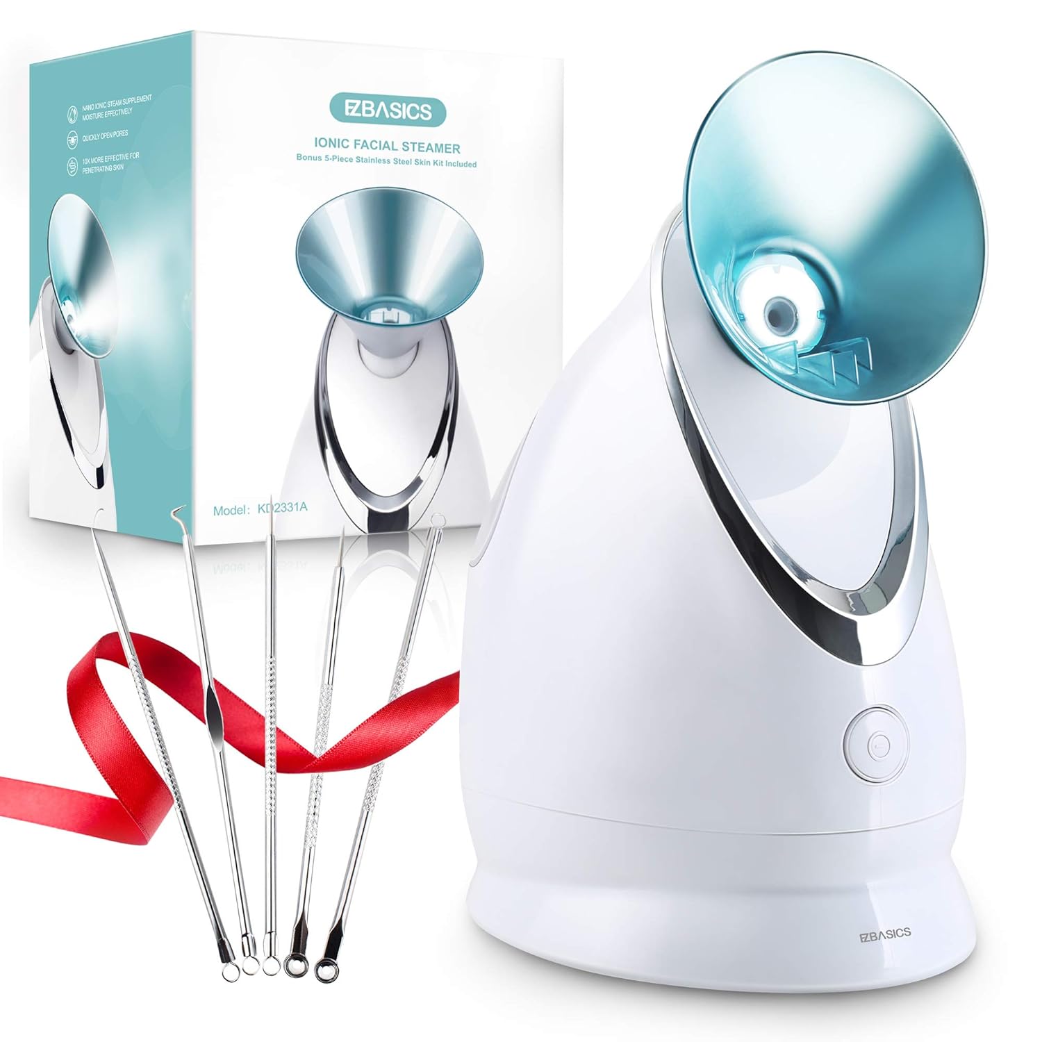 EZBASICS Facial Steamer Nano Ionic Face Steamer for Home Facial, Unclogs Pores, Warm Mist Humidifier Atomizer, Humidifier Moisturizing Face Spa Steamer, Bonus Stainless Steel Skin Kit (Blue): Beauty