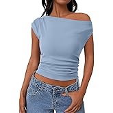 PRETTYGARDEN Womens 2025 Summer Off The Shoulder Crop Cute Tops Sleeveless One Shoulder Ruched Y2K Going Out Tank Top
