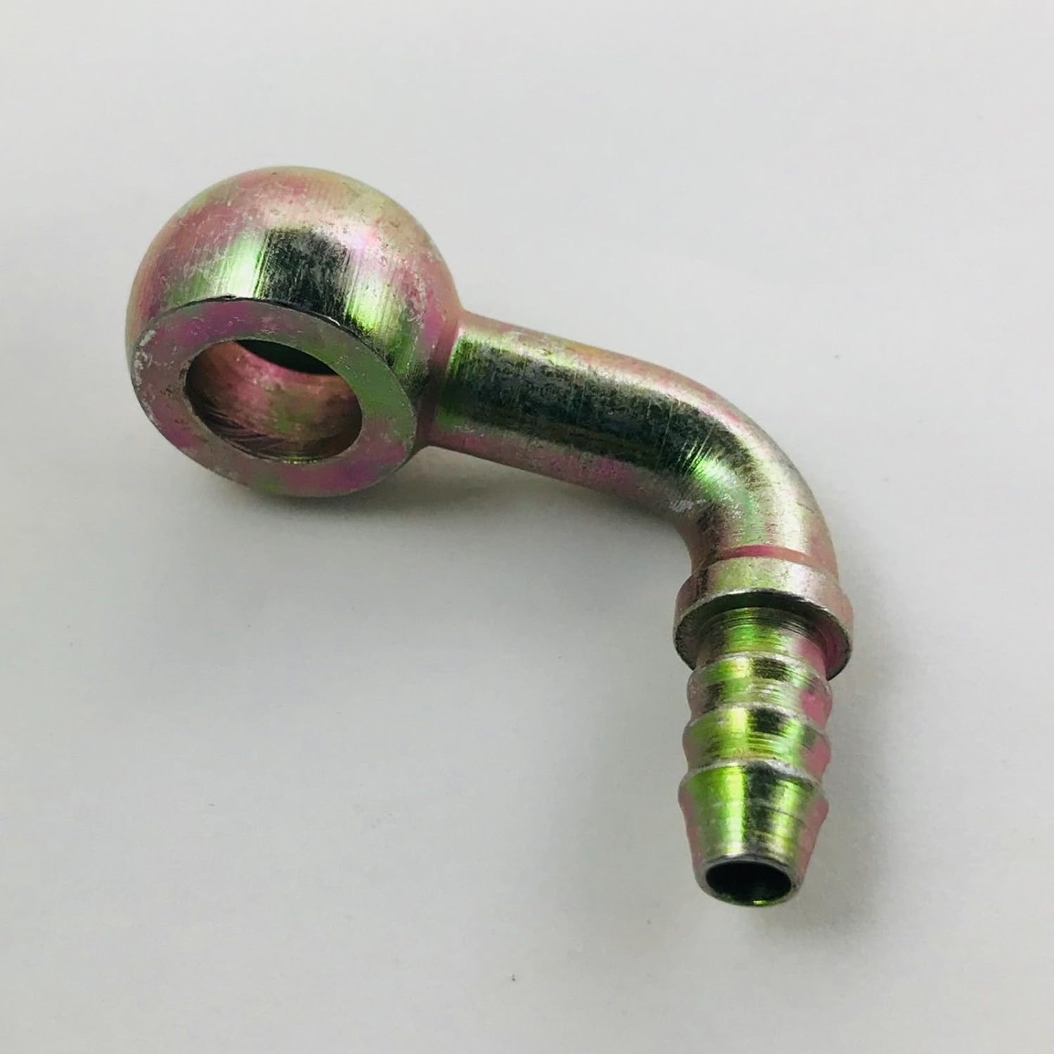 Fitting 1/4" Hose Barb x 12mm or 7/16" Banjo Steel Zinc plated 90