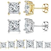 6 Pairs 925 Sterling Silver Stud Earring Set, 18K Gold Plated Princess Round Cut Clear Cubic Zirconia Hypoallergenic Earrings Pack for Women and Men