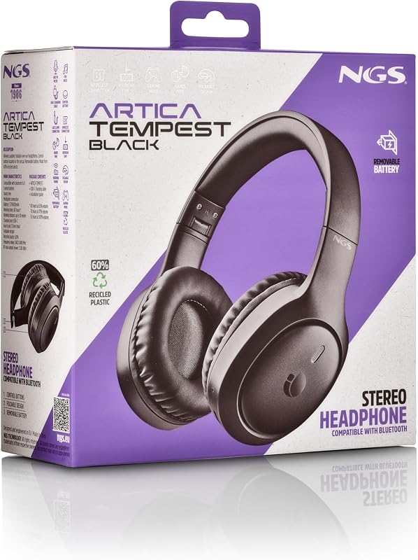 Artica Tempest Black - Auscultadores over-ear sem fios compatíveis com tecnologia Bluetooth, autonomia 28h, microfone ENC, IPX5, preto