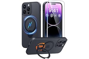 FNTCASE 适用于 iPhone 14 Pro-Max 手机壳:[360 度旋转磁性支架] [兼容 Magsafe] [屏幕保护膜] 半透明哑光军用级防震全摄像头保护手机套 - 黑色