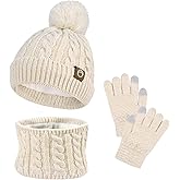 ZOORON Kids Winter Hat Gloves Scarf Set, Girls Boys Hats Beanie with Pom Children Knit Neck Warmer Mittens Fleece Lined Set