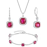 Inpasne Princess Cut Jewelry Set 925 Sterling Silver Ruby Earrings Dangle Drop Leverback July Birthstone Necklace and Bracelet Jewelry Gifts for Women