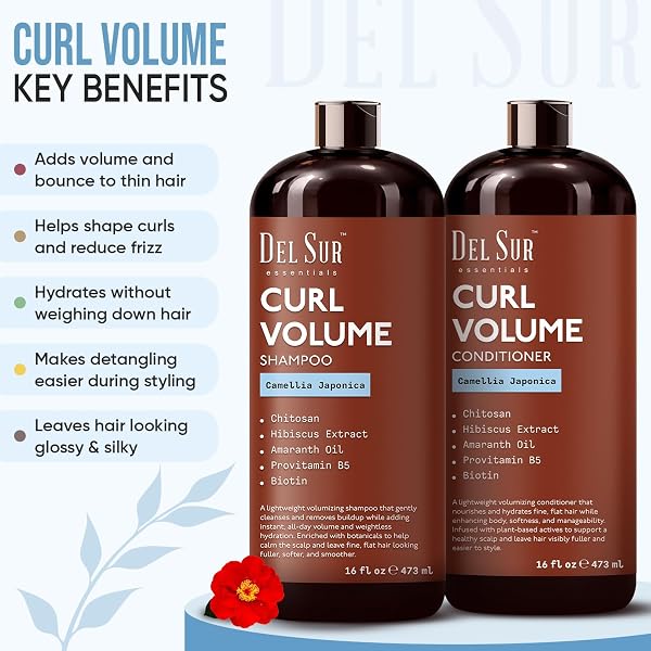 DEL SUR CURLY HAIR SHAMPOO AND CONDITIONER SET | CURL DEFINING, VOLUME & HYDRATION | 16 FL OZ EACH | WITH CAMELLIA JAPONICA, HIBISCUS & AMARANTH OIL | FOR CURLY, WAVY & COILY HAIR | WOMEN & MEN
