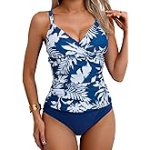 B2prity Women's Ruched Tankini Swimsuits V Neck Wrap Tie Back Two Pieces Bathing Suit Tummy Control Swimwear