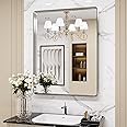 LOAAO 24X36 Inch Brushed Nickel Bathroom Mirror, Rounded Rectangle Silver Metal Frame Mirror, Brushed Nickel, Anti-Rust, Hangs Horizontally or Vertically