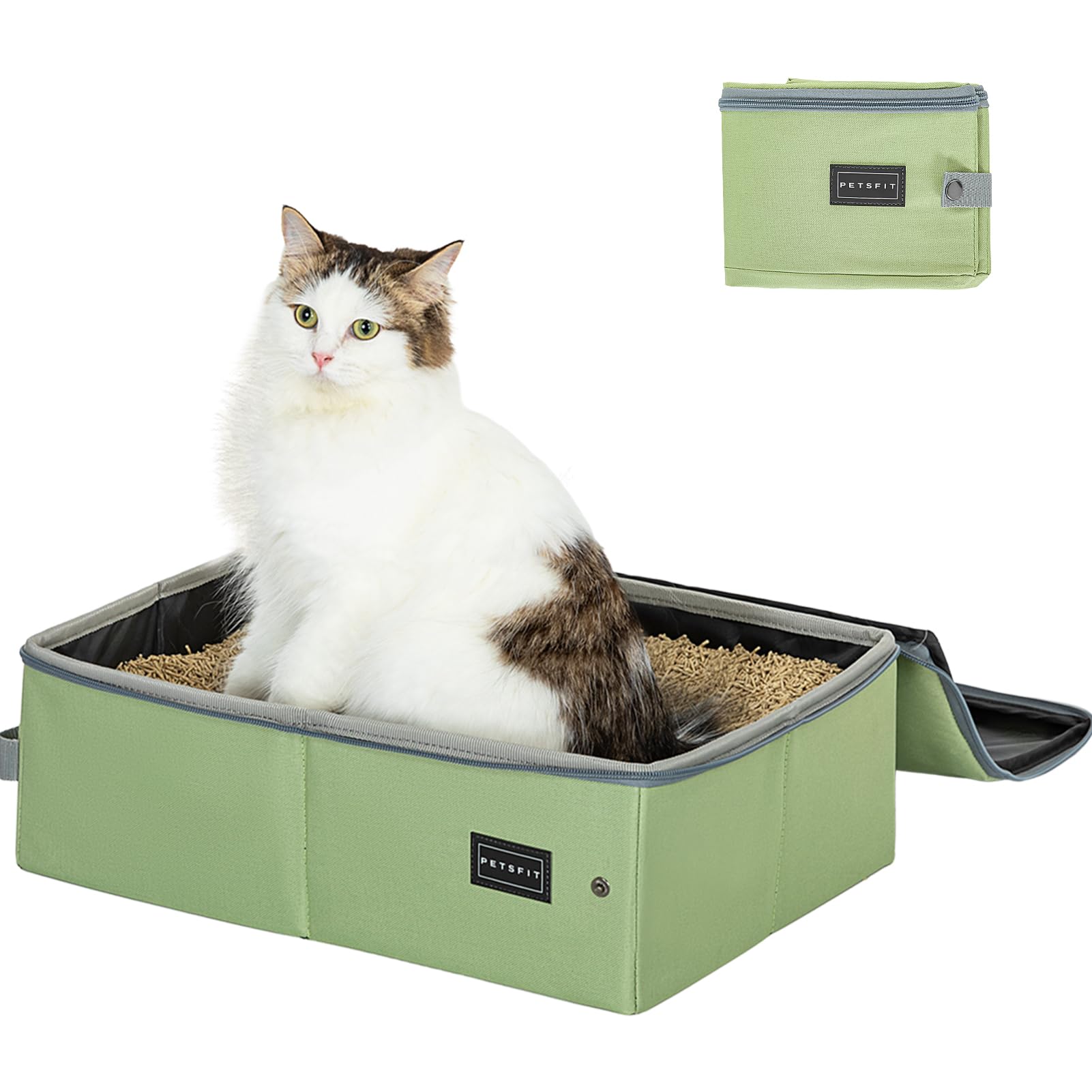 PETSFIT Portable Litter Box with Lid, Waterproof, Zipped, Standard Travel Size, Leak-Proof, Lightweight Green, 40cm x 30cm x 12cm