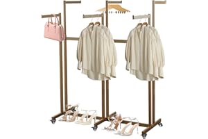 Takpylia Heavy Duty 6 Arms Clothing Rack, Floor Standing Metal Garment Rack with wheels, Adjustable Height Arms from 46" to 62" for Clothing Store Retail Display Clothes Rack (gold, 115cm/45.2in)
