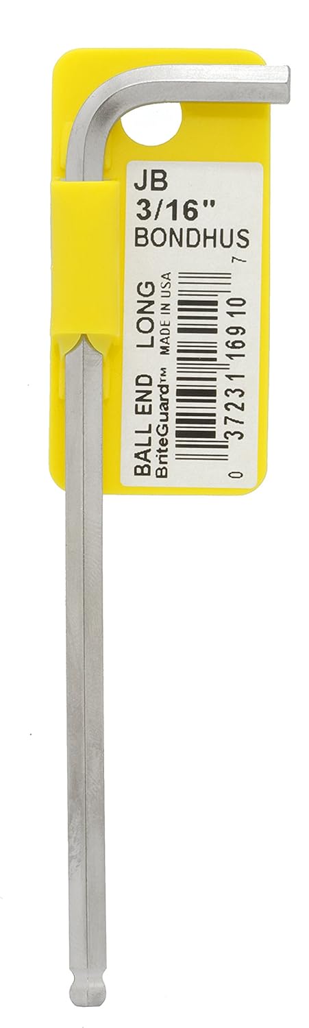 Bondhus 16910 3/16" Ball End Tip Hex Key L-Wrench with BriteGuard Finish, Tagged and Barcoded, Long Arm
