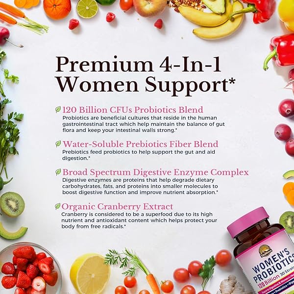 VITALITOWN PROBIOTICS FOR WOMEN 120 BILLION CFUS, 30 STRAINS, WITH PREBIOTICS & DIGESTIVE ENZYMES & CRANBERRY, GUT & VAGINAL HEALTH, VEGAN 30 DELAYED RELEASE CAPS