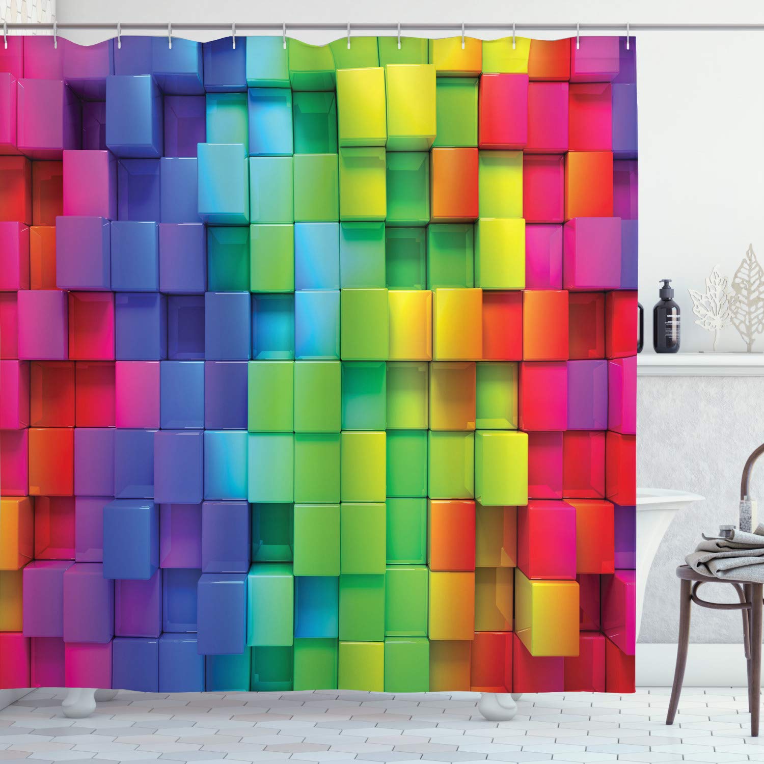 ABAKUHAUS Colorful Shower Curtain, Rainbow Colored Contour Display Futuristic Block Brick-Like Geometric Artisan, Cloth Fabric Bathroom Decor Set with Hooks, 175 x 200 cm, Purple Green