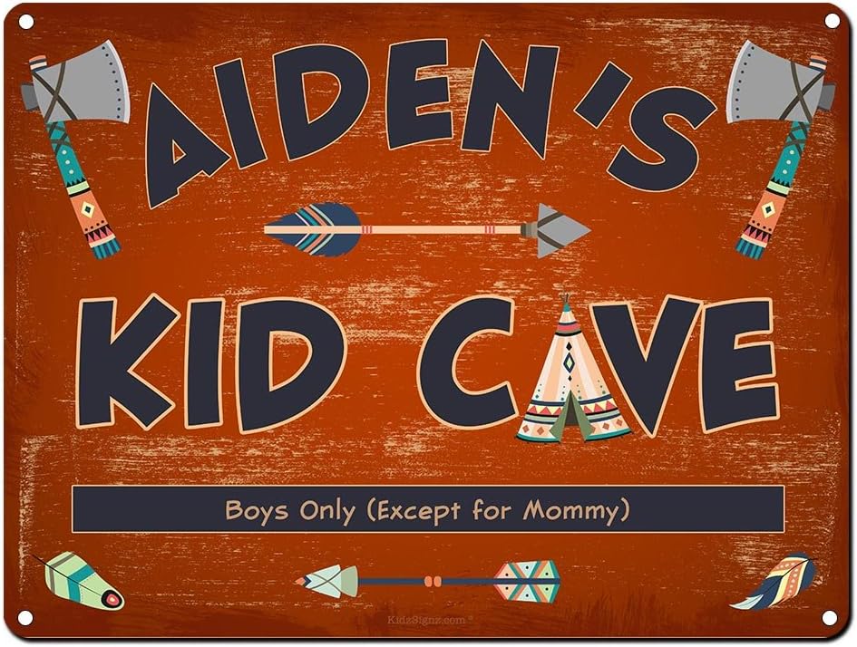 Aiden's Kid Cave Sign ~ Personalized Wall Decor for Boys ~ 9"x12" 24-Gauge Steel ~ American Native Indian Boho Theme ~ USA Made ~ Decorations and Gifts for Nursery and Toddler Rooms
