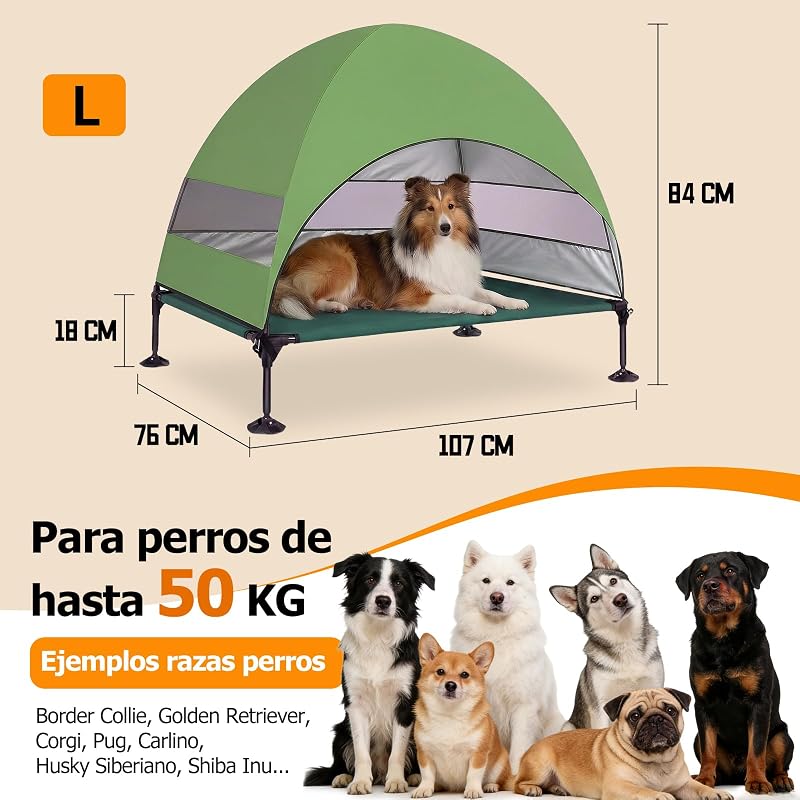 Cama elevada para Perros al Aire Libre con Techo, Tumbona Plegable con pies Antideslizantes, Tienda para Perros al Aire Libre con Gran Sombra, Cama elevada para Camping, jardín, Playa (Verde, L)