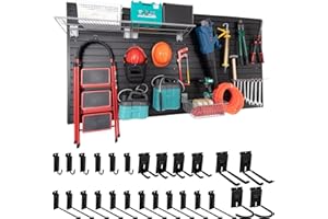 FRAYSCENT Slatwall Panel Garage Slat Wall Storage Systems with 26 Slatwall Accessories, 4'x8' PVC Black Slat Wall Paneling for Retail Display, Garage Storage, Guitar Shop, Home Storage