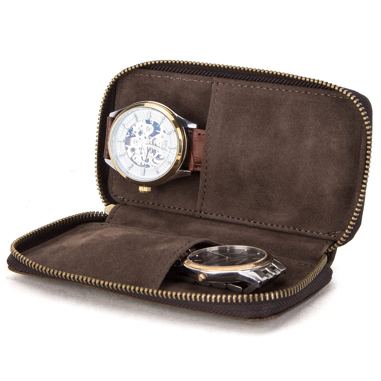 CONTACTS Genuine Leather Travel Watch Case Organizer Jewelry 2 Slots Watch Pouch Multifunctional Portable Protective Sleeve Box Vintage (Coffee-CF1114)