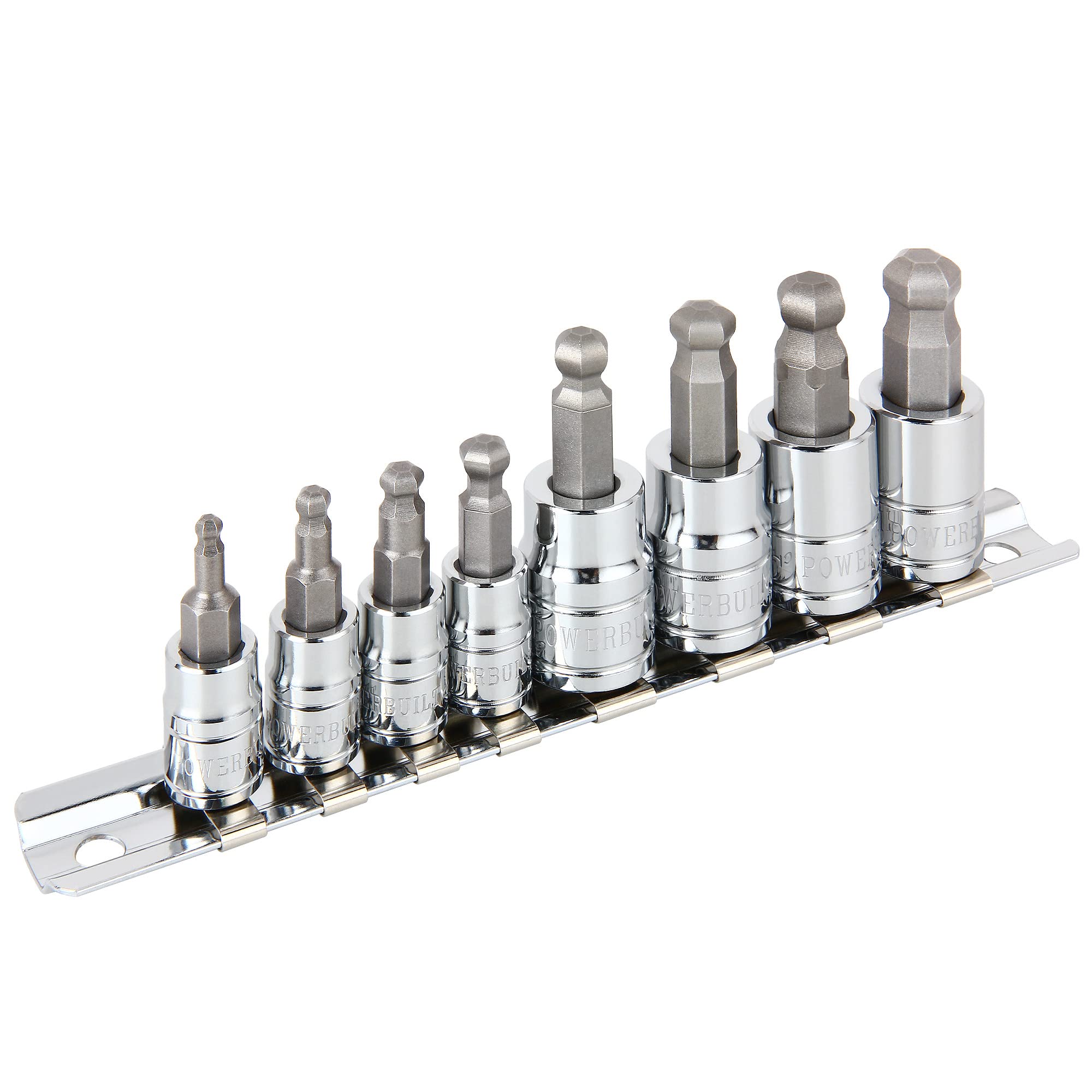 Photo 1 of Powerbuilt 8 Piece Metric Wobble Ball Hex Bit Set, Sizes 3-10mm, Wobble design works at angles up to 25 Degree, S2 Bits and Chrome-Vanadium Sockets, Storage Rail - 642403