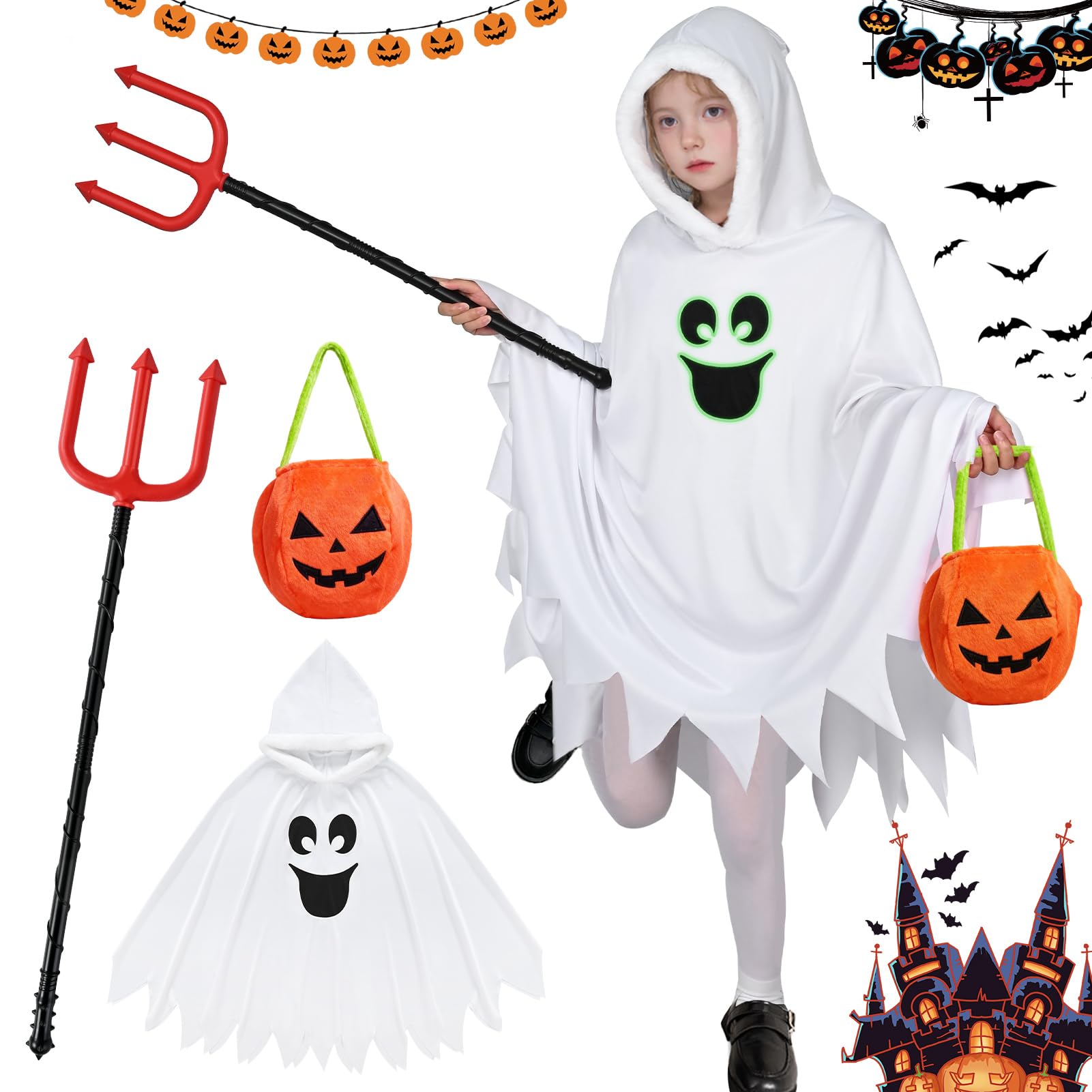 Ghost Costume Kids Halloween Costumes for Girls Boys, Glow in the Dark Ghost Face Outfit Halloween Children Cloak Hooded Fancy Dress Pumpkin Bags Trick-or-Treating Party (Kids Style 1, 3~4 Years)