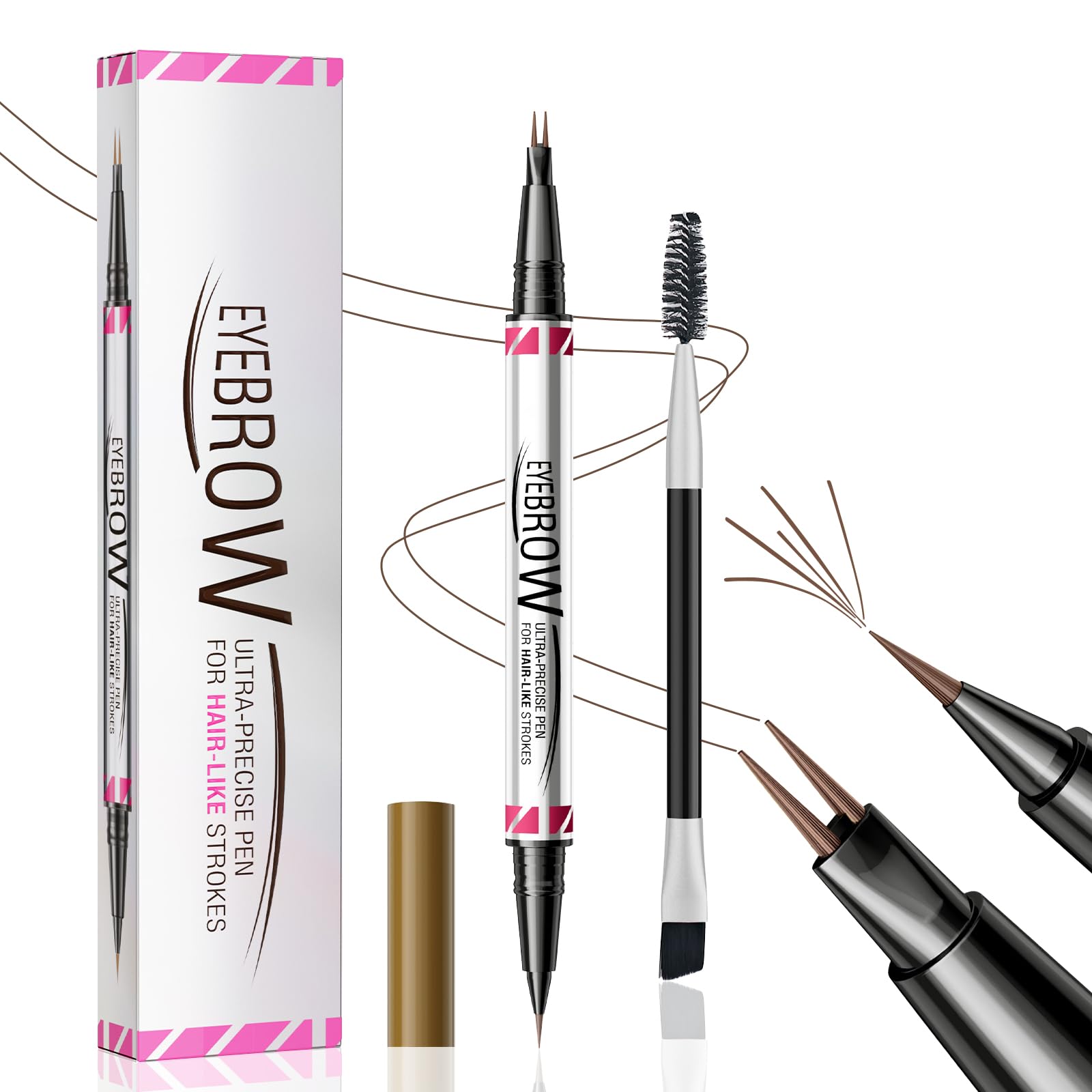 Microblading Eyebrow Pen, Dual Ended Eyebrow Pencil with 2 Micro-Fork-Tip, 3D Waterproof Smudgeproof Eye Brow Pencil with Brow Brush, Liquid Brow Pencil for Natural Looking Defined Eyebrows (Brown)