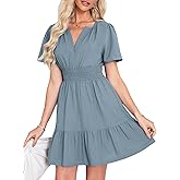 Simplee Women's Summer Linen Mini Dress Casual Short Sleeve V Neck Empire Waist Flowy Boho Sundress Beach Wedding Gest