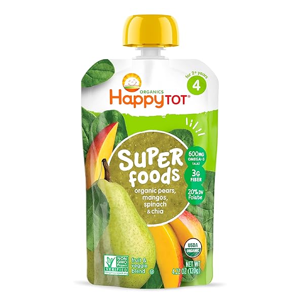 HAPPY TOT ORGANICS STAGE 4 BABY FOOD POUCHES, GLUTEN FREE, VEGAN SNACK, SUPERFOODS FRUIT & VEGGIE PUREE, PEARS, MANGO, SPINACH & CHIA, 4.22 OUNCE (PACK OF 1)