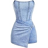 WDIRARA Women's Denim Tube Romper Strapless Sleeveless Asymmetrical Shorts Jumpsuits