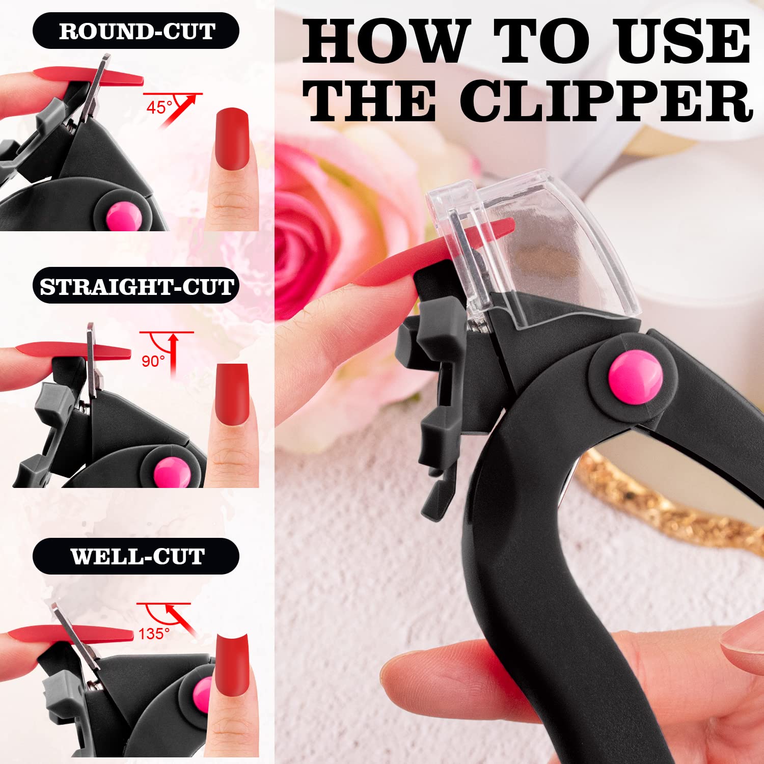 Belleboost Adjustable Acrylic Nail Clippers with Sizer, Catcher and Length Measurement, Black Professional Dial Stainless Steel Blade Nail Tips Cutter, Fake Nail Trimmer, Manicure Tool for Salon Home - Image 3