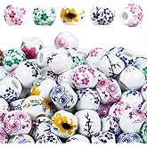 PONABEADIY 1 Box 180PCS 8MM Colored Chinese Porcelain Beads Large Hole Flower Printed Round Floral Ceramic Flowers Vintage Loose Spacer Bead for Jewelry Making Bracelets Necklaces DIY Craft Supply