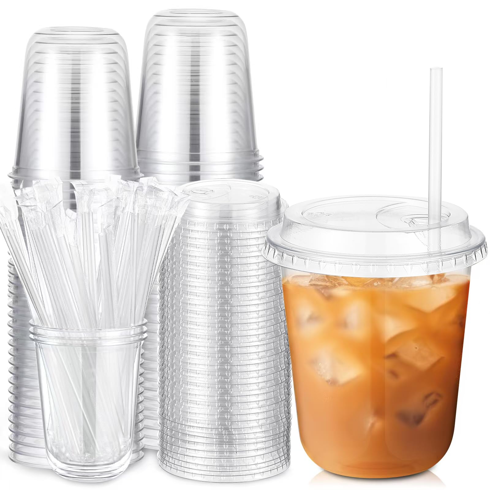 Photo 1 of Ziliny 50 Sets Crystal Plastic Cups with Lids and Straws, Disposable Iced Coffee Cups Bulk PET for Wine, Cocktail, Smoothie, Milkshake, Cold Drinks, Juice, Wedding, Birthday, Coffee Shop, Party(14oz)