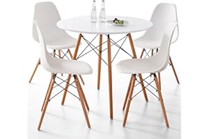 Lecafur HL 5-Piece Round Dining Table Set, Small 31.5" Kitchen Table Chairs Set of 4 Space Saving Furniture, Plastic Seats, Solid Wood Legs, for Living Room Apartment Office Home, White