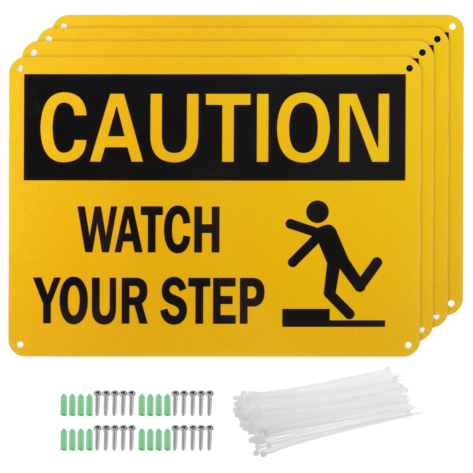 PATIKIL 10x7 Inch Caution Watch Your Step Signs, 4 Pack Reflective Aluminum Caution Sign Waterproof Weatherproof and Fade Resistant with Screws & Ties