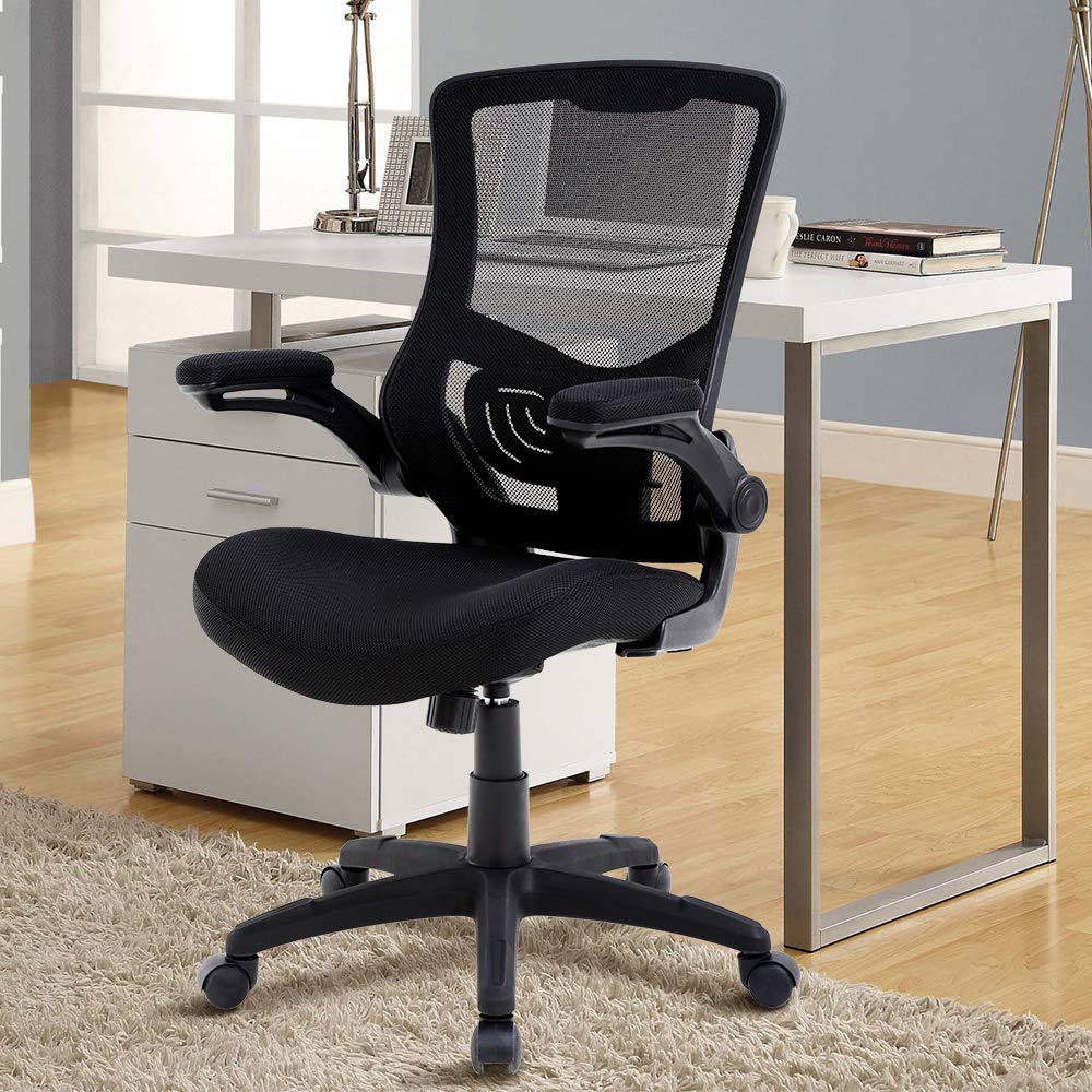 GINMAON Silla de oficina ergonómica, silla de escritorio, silla de malla para ordenador con soporte lumbar, brazos abatibles, giratoria, ajustable, respaldo medio, silla de trabajo ejecutiva, cómoda para mujeres, hombres y adultos, color negro