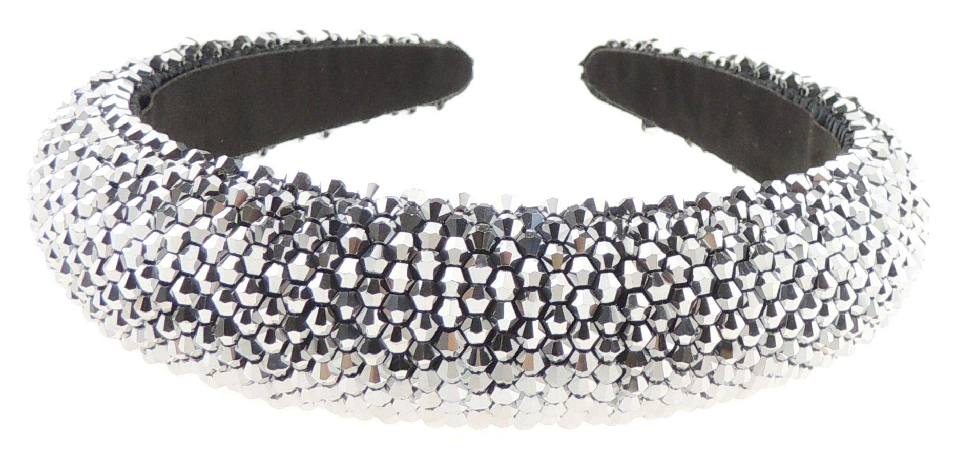 Womens Sparkly Beaded Rhinestone Embellished Jeweled Crystal Wide Bump Thick Padded Evening Formal Occasion Christmas Birthday Wedding Bridal Party Headband Hair Alice Band Hairband (Silver)