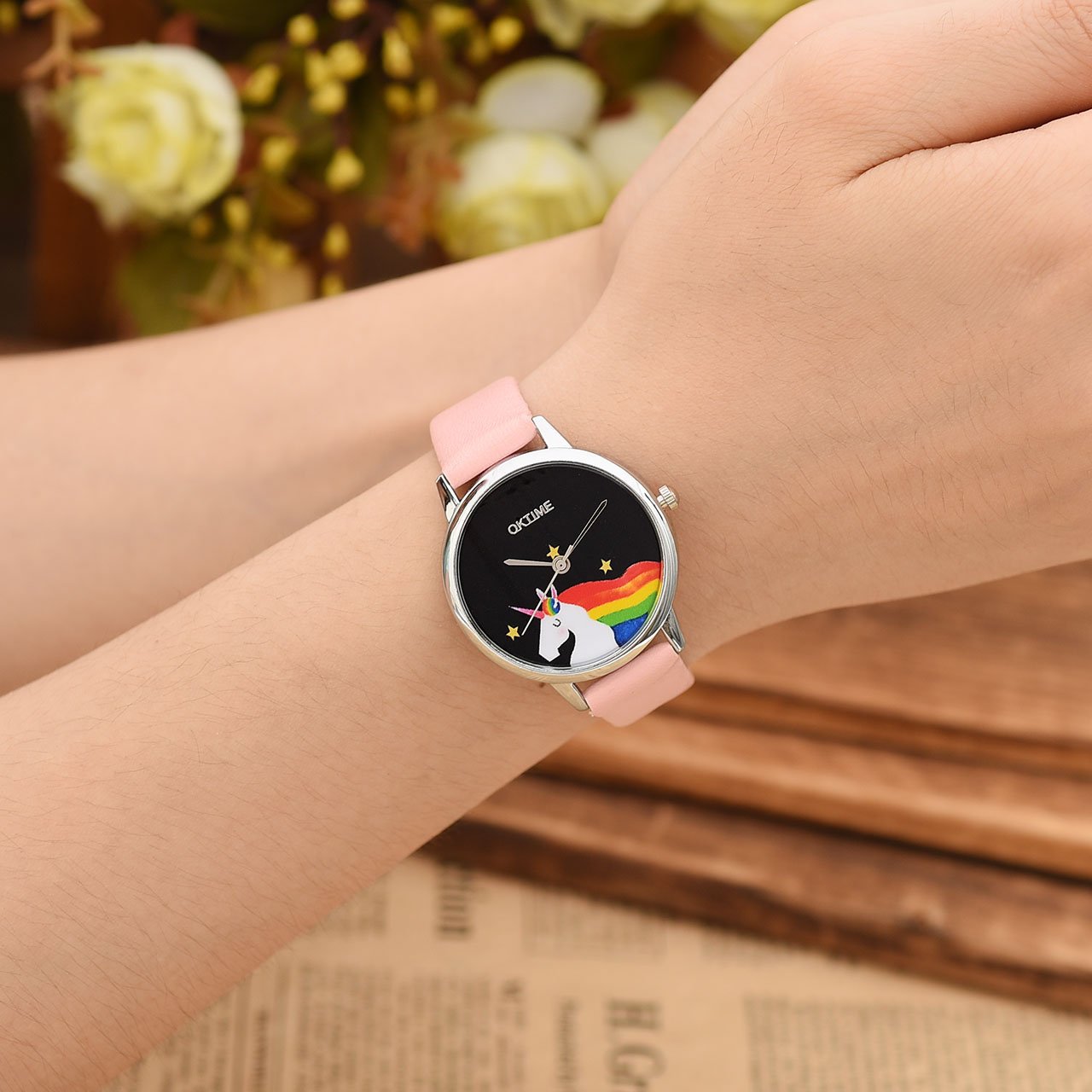 JSDDE Uhren, Cute Farbe Damen Armbanduhr Cartoon Einhorn Design Kleid Uhren Wasserdicht PU Lederband Silber Quarz Uhr,Rosa