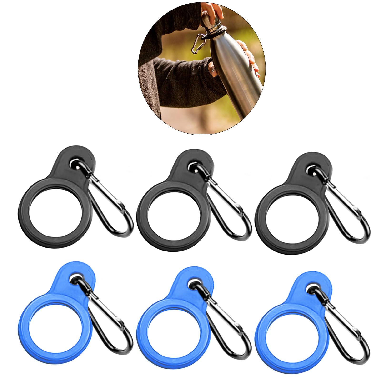 AZWOOD Silicone Water Bottle Buckle, 6Pcs Water Bottle Belt Clip with Carabiner Portable Ring Holder Outdoor Carrying Hook Hanging Strap for Hiking, Camping, Traveling, Mountain Climbing