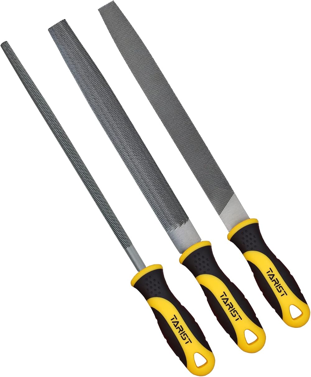 TARIST 3-Piece 8-Inch Metal File Set Carbon Steel Flat Half-Round Round