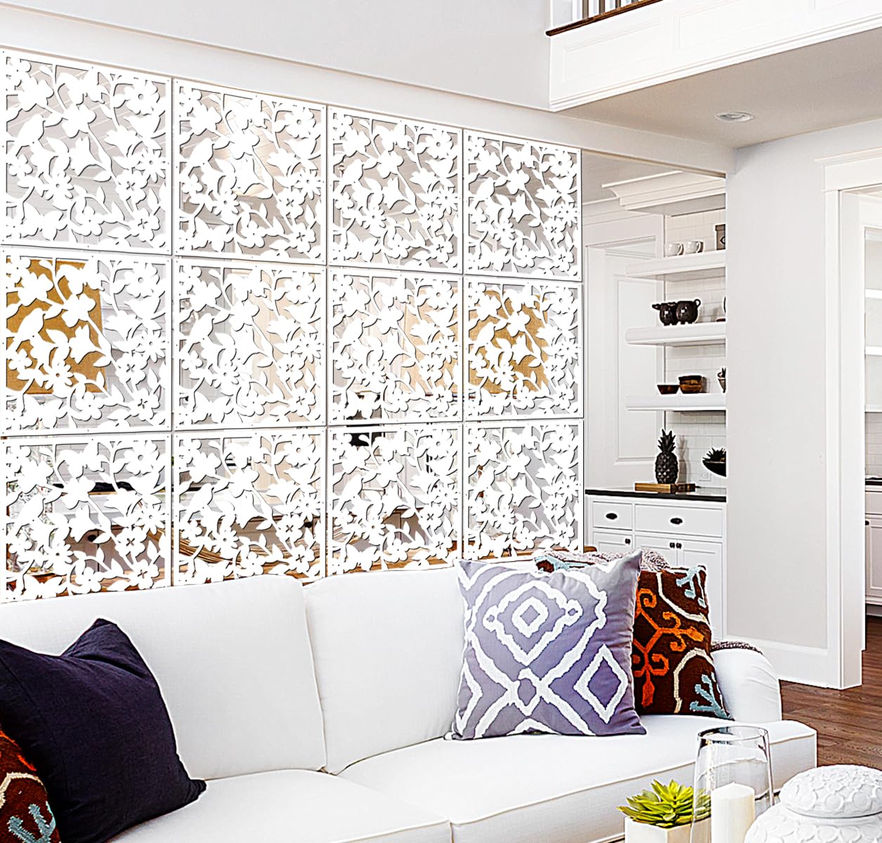 Lchen Hanging Room Divider,12 Pieces PVC Panel Screen Bird Flower for Living Dining Sitting-Room Hotel and Bar Decoration(White01)