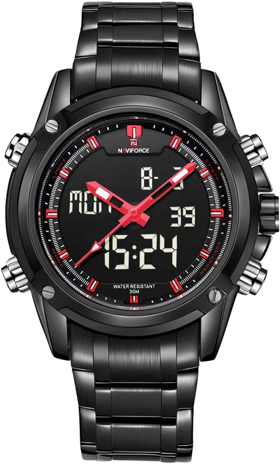 Sport Mens Digital Watches Chronograph Quartz Waterproof Analogue Stopwatch, LED, Calendar, Military Stainless Steel Wristwatch in Black