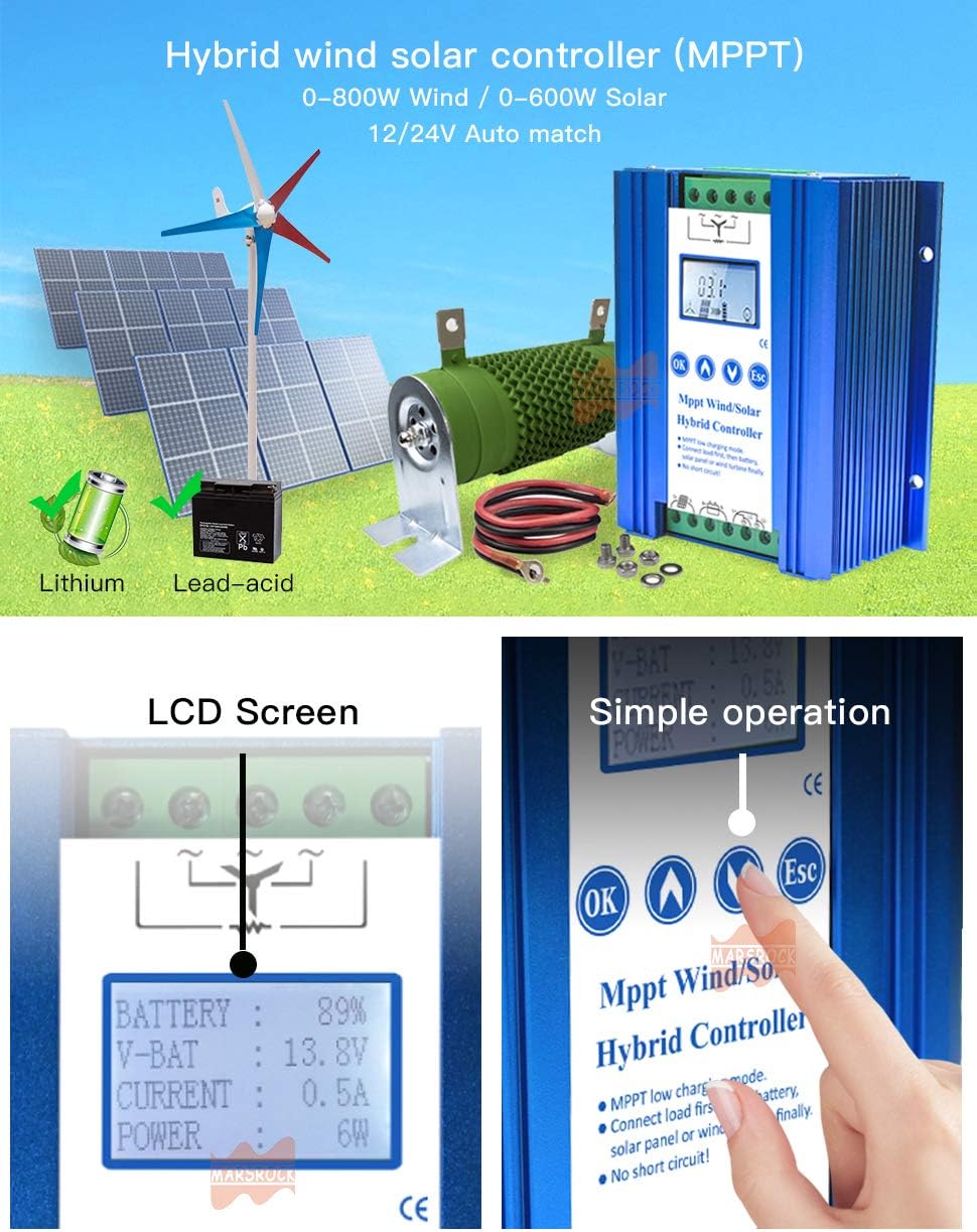 Marsrock Lithium Battery Wind Solar Hybrid Charge Controller with Wind Generator MPPT Boost Charging Function, with Dump Load Device and 50cm Cable, Used for Off Grid Wind Solar Hybrid System : Garden & Outdoor