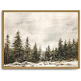 Roslynity Framed Canvas Wall Art Vintage Print Paintings Winter Pine Tree Forest Christmas Rustic Landscape Country Snow Retro Nature Artwork for Home Living Room Bathroom Wall Decor (12