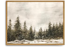 Roslynity Framed Canvas Wall Art Vintage Print Paintings Winter Pine Tree Forest Christmas Rustic Landscape Country Snow Retro Nature Artwork for Home Living Room Bathroom Wall Decor (12"x16")