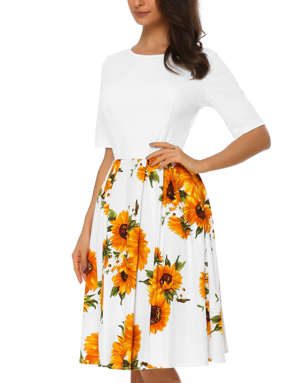 Mixfeer Women’s Vintage Midi Dress Floral Scoop Neck Short Sleeve Casual Work Cocktail Party Swing Dress with Pockets