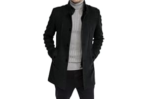Karlywindow Mens Trench Coat Long Sleeve Stand Collar Single Breasted Pea Coat Casual Mid Long Slim Fit Overcoat with Pockets