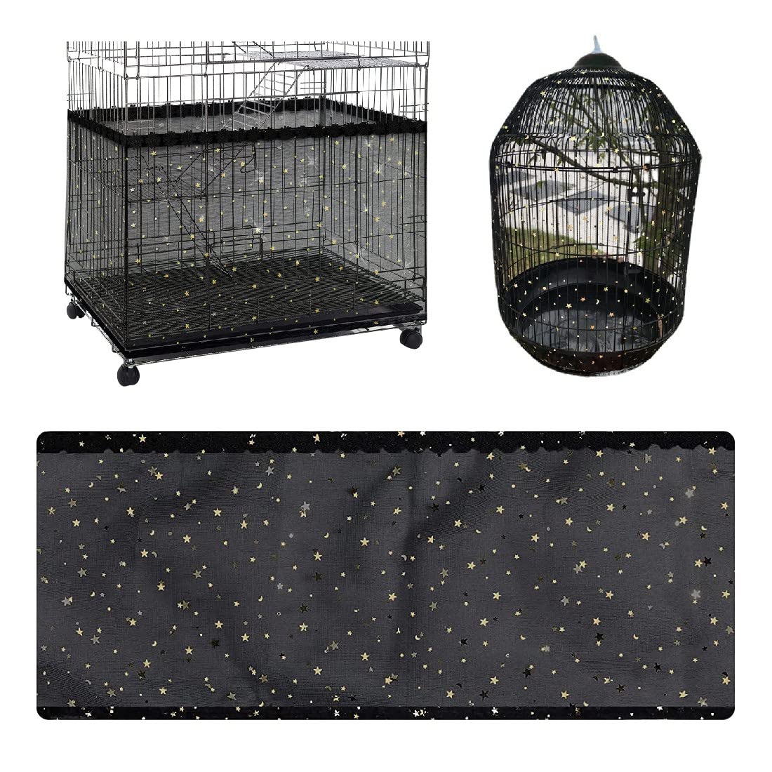 LICHUANUK Bird Cage Seed Catcher Bird Cage Cover Dustproof Adjustable Seed Catcher Nylon Mesh Suitable for Cages with a Circumference of 140-220 cm, Black, Star Shape (L)