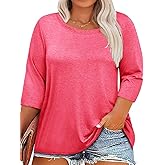 YEXIPO Womens Plus Size Tops 3/4 Sleeve Casual T Shirts Blouses Crew Neck Loose Fit Tunic Tops