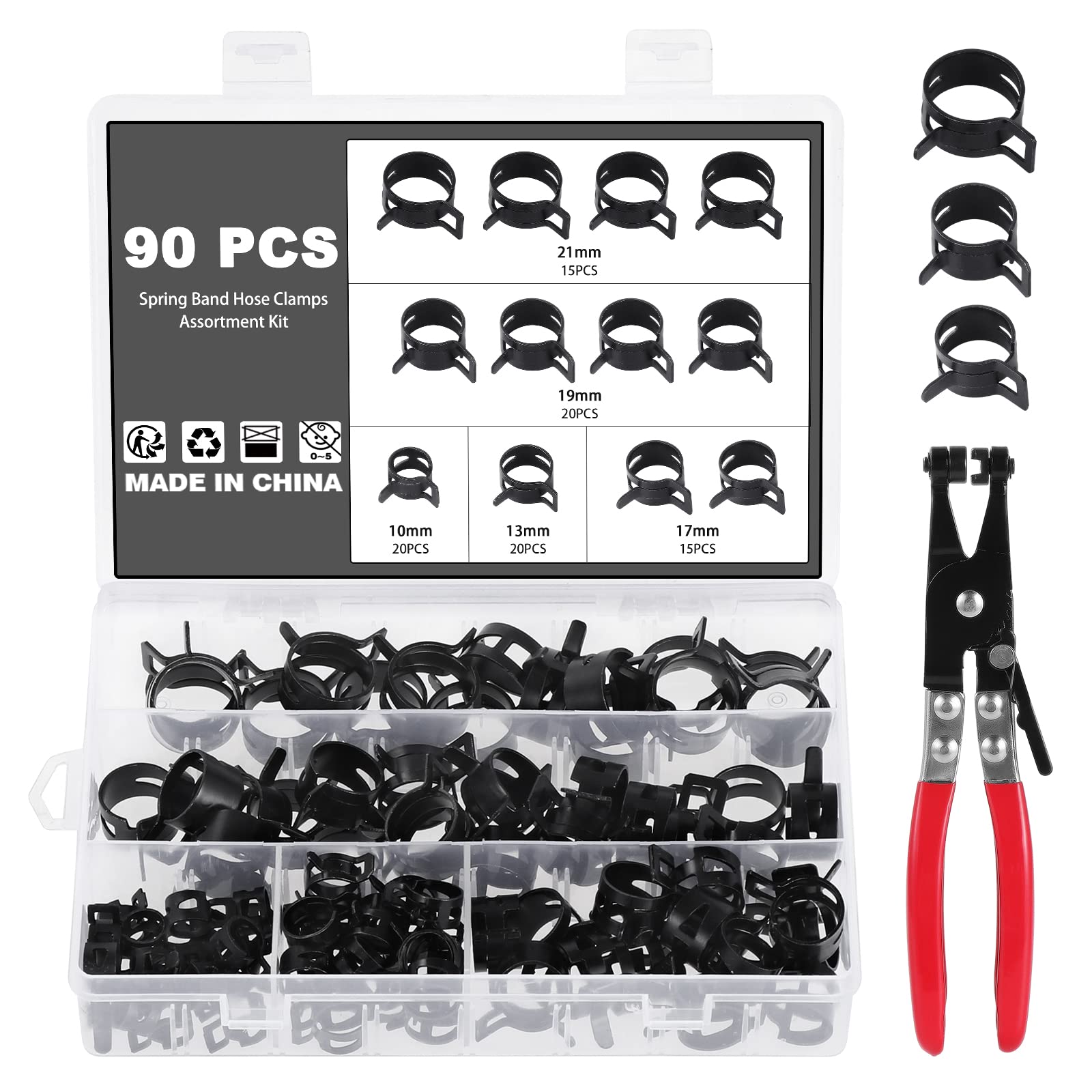 Knpwer 90 Pcs Fuel Line Hose Clips Water Pipe Air Tube Silicone Vacuum Hose Clamp Fastener 5 Sizes,with a Hose Clamp Pliers