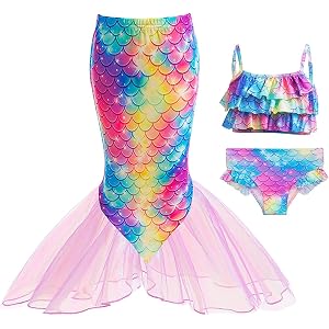 Superband Mermaid Girls Bathing Suit 3Pcs Princess Bikini Set with Cover Up Skirt for Kids Swimwear for 3-13 Years