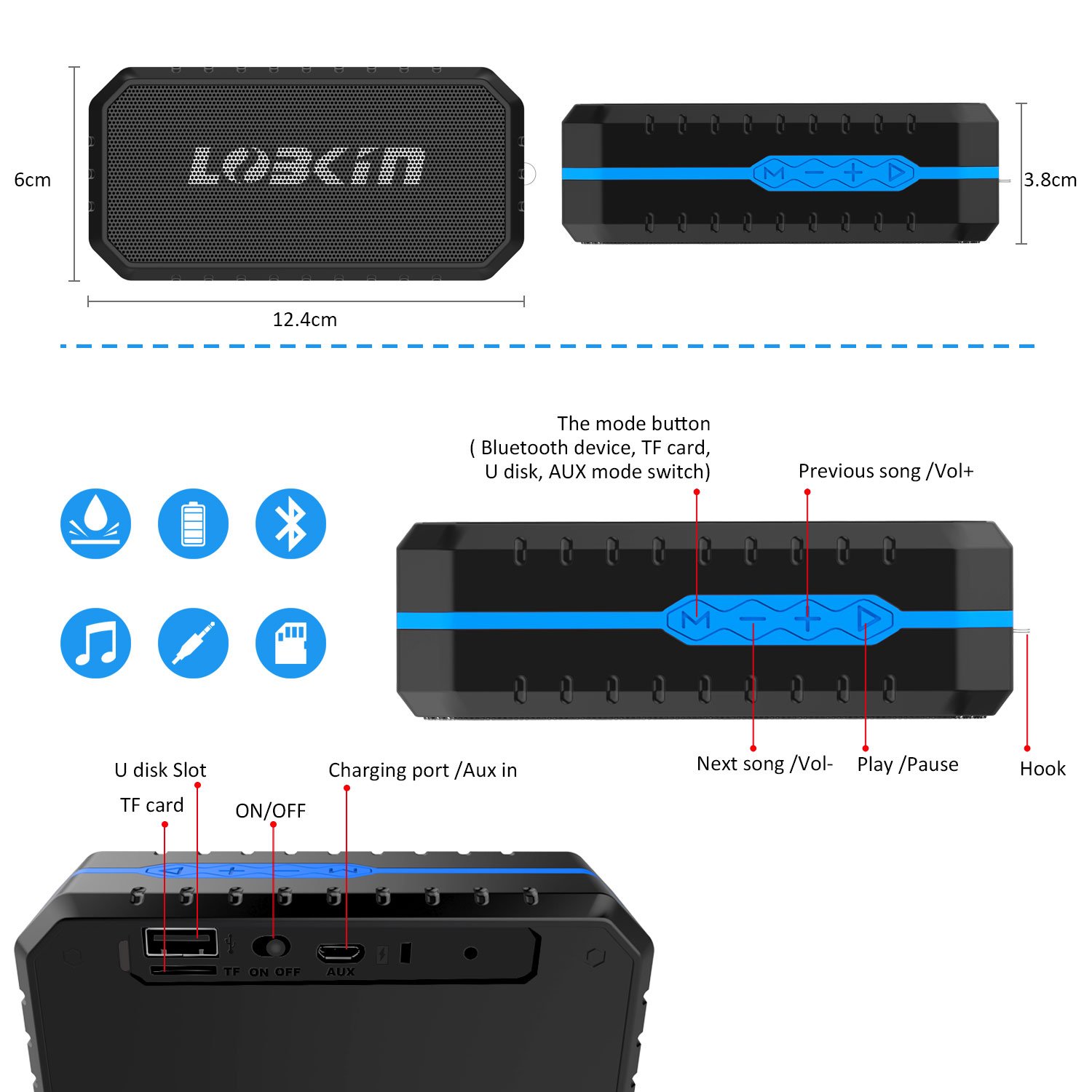 LOBKIN Bluetooth Tragbare Lautsprecher Wasserdicht Speaker Stoßfest Boxen Wireless Stereo Boombox mit eingebautem Mikrofon Kabelloser Musikbox mit 8-Stunden Spielzeit und TF Karte (Blau)
