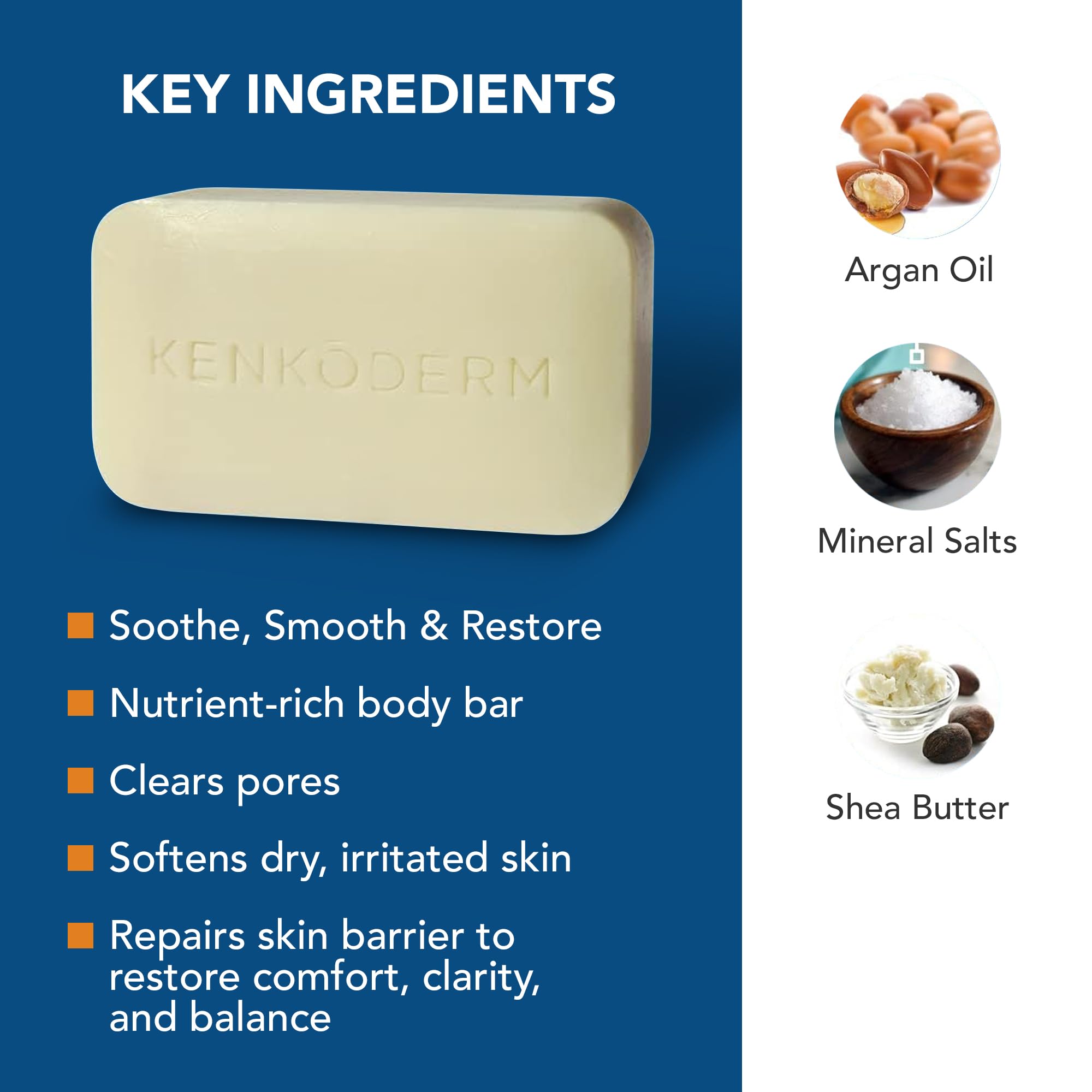 Kenkoderm Psoriasis Dead Sea Mineral Salt Soap with Argan Oil & Salicylic Acid, Natural Exfoliating Body & Face Cleanser for Sensitive Skin, Color & Fragrance Free, 4.25 Ounce, 1 Bar